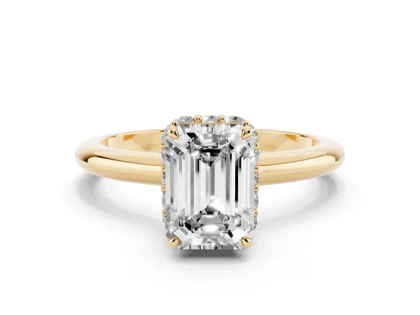 Emerald Cut Brilliant Solitaire Engagement Ring with Six-Prong Setting and Classic Band Yellow gold