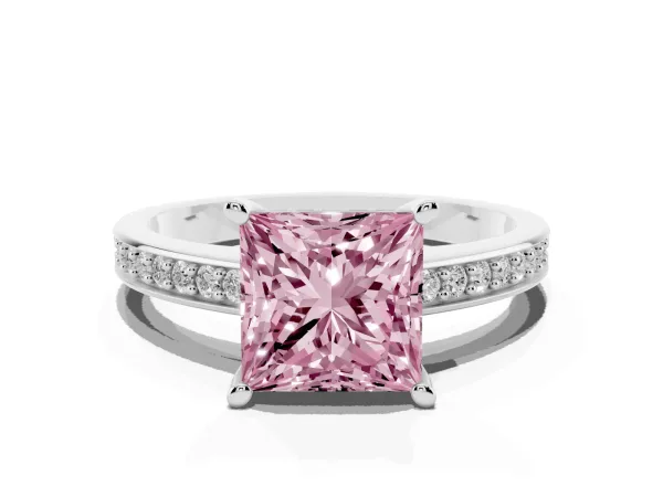 Fancy Pink Princess Cut Solitaire Pavé Band Prong Setting Ring White gold