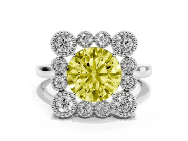Fancy Yellow Round Cut Halo Diamond Cluster Engagement Ring with Milgrain Bezel Setting and Solitaire Band Platinum