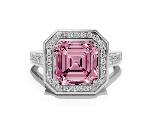 Fancy Pink Asscher Cut Halo Solitaire Diamond Ring with Pave Band and Bezel Setting Platinum