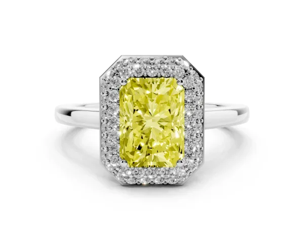 Fancy Yellow Radiant Cut Halo Diamond Engagement Ring with Solitaire Band and Four-Prong Setting Platinum