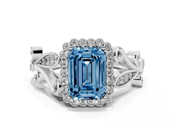 Fancy Blue Emerald Cut Diamond Halo Ring with Vintage Split Shank and Four-Prong Setting White gold