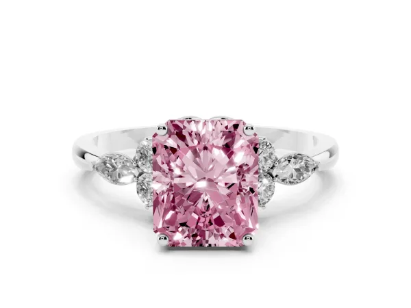 Fancy Pink Radiant Cut Brilliant Diamond Solitaire Ring with Pear Side Stones and Four-Prong Setting Platinum