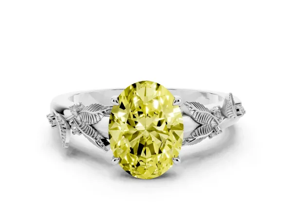 Fancy Yellow Oval Cut Diamond Solitaire Ring with Leaf Motif Band and Four-Prong Setting Platinum