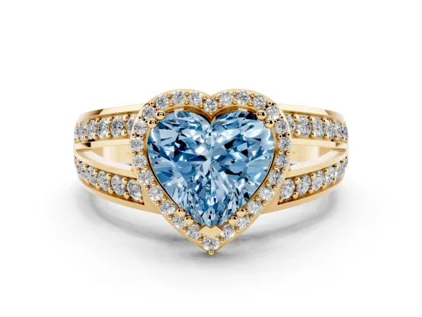 Fancy Blue Heart Cut Diamond Halo Ring with Split Shank Pavé Band and Four-Prong Setting Yellow gold