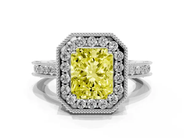 Fancy Yellow Radiant Cut Diamond Milgrain Halo Engagement Ring with Round Pavé Band and Prong Setting Platinum