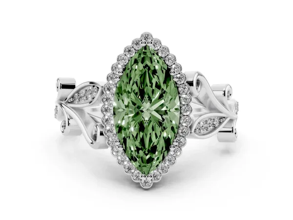 Fancy Green Marquise Cut Diamond Halo Ring with Vintage Split Shank and Four-Prong Setting White gold