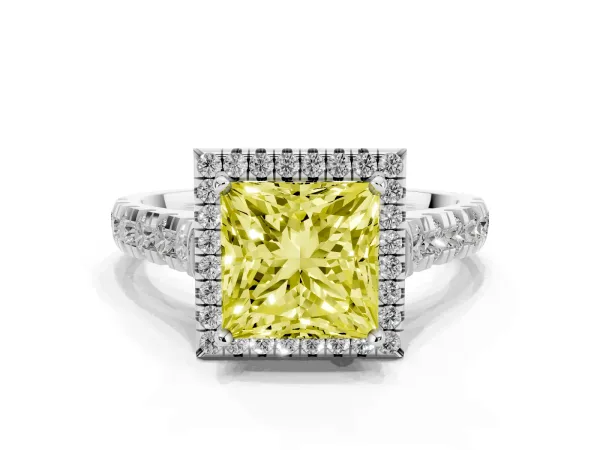 Fancy Yellow Princess Cut Halo Pavé Diamond Engagement Ring with Four-Prong Setting White gold