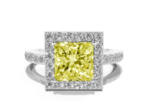 Fancy Yellow Princess Cut Halo Diamond Pavé Band Ring with Prong Setting Platinum