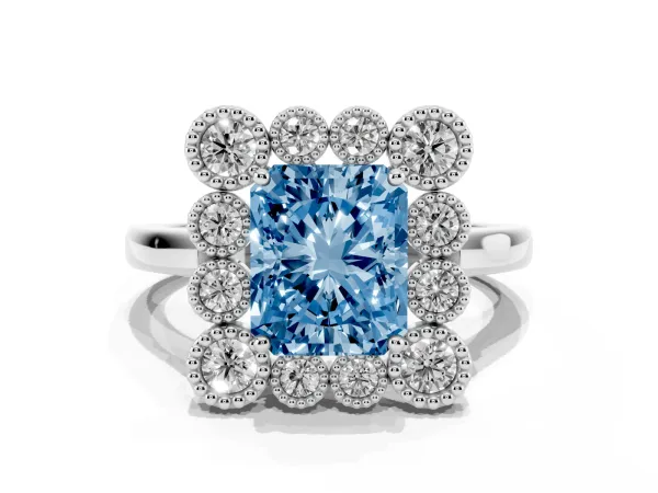Fancy Blue Radiant Cut Halo Diamond Cluster Engagement Ring with Milgrain Bezel Setting and Solitaire Band Platinum