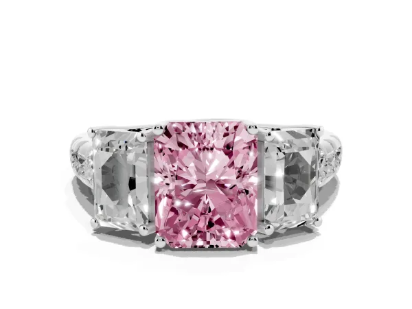 Fancy Pink Three-Stone Radiant Cut Diamond Pavé Band with Prong Setting Platinum