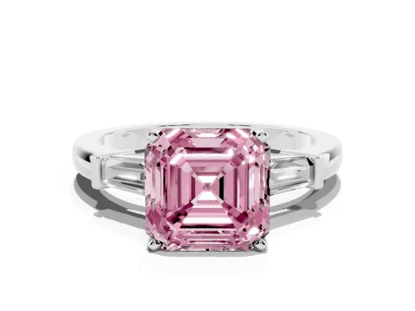 Fancy Pink Asscher Cut Cut Diamond Solitaire Ring with Tapered Baguette Accents and Four-Prong Setting Platinum
