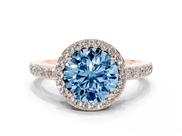 Fancy Blue Round Cut Halo Diamond Pavé Band Ring with Prong Setting Rose gold