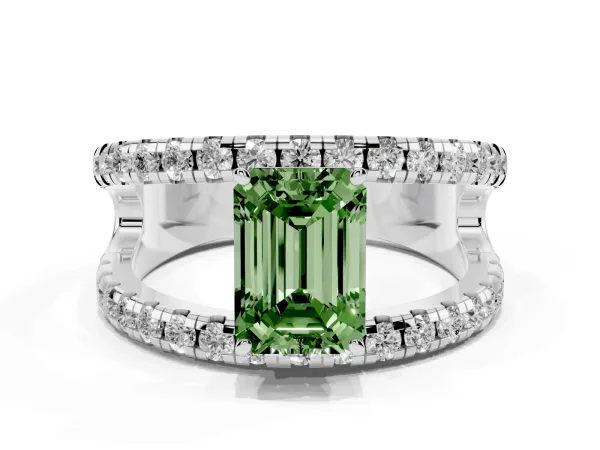 Fancy Green Emerald Cut Solitaire Split Shank Pave Diamond Ring Platinum
