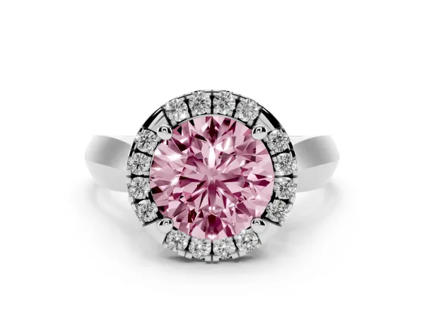 Fancy Pink Round Cut Cut Halo Solitaire Engagement Ring with Square Band and Four-Prong Setting Platinum