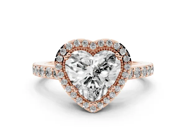 Heart Cut Cut Diamond Halo Engagement Ring with Milgrain Detail and Pavé Band Rose gold