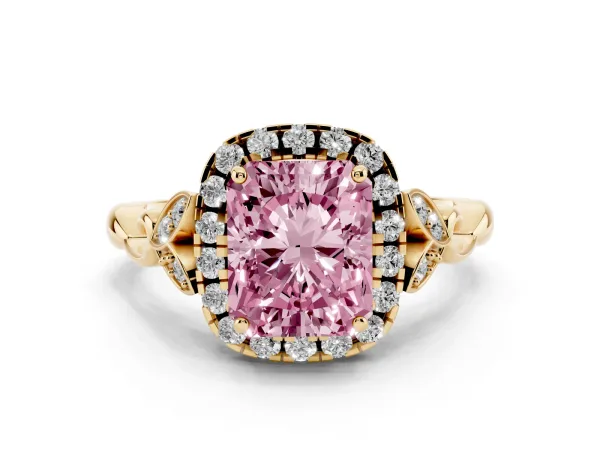 Fancy Pink Radiant Cut Halo Diamond Engagement Ring with Vintage-Inspired Band and Four-Prong Setting Yellow gold