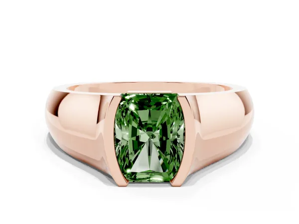 Fancy Green Radiant Cut Solitaire Bezel Set Diamond Ring with Wide Band Rose gold