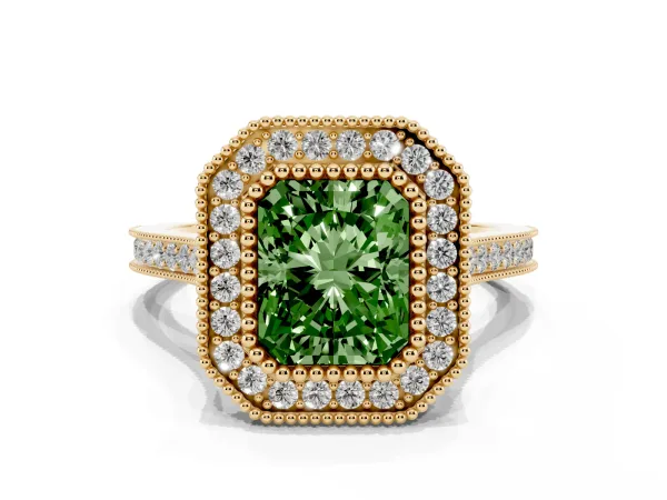 Fancy Green Radiant Cut Diamond Halo Ring with Milgrain Frame and Pavé Band Yellow gold