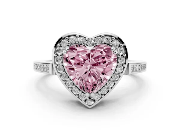 Fancy Pink Heart Cut Diamond Halo Ring with Split Shank and Four-Prong Setting White gold