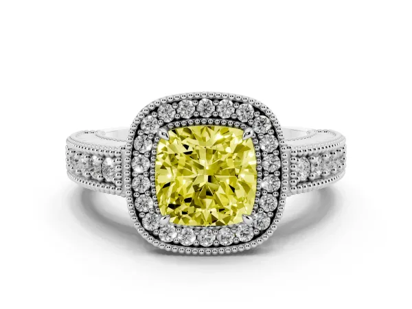 Fancy Yellow Cushion Cut Cut Halo Diamond Ring with Pavé Band and Four-Prong Setting White gold