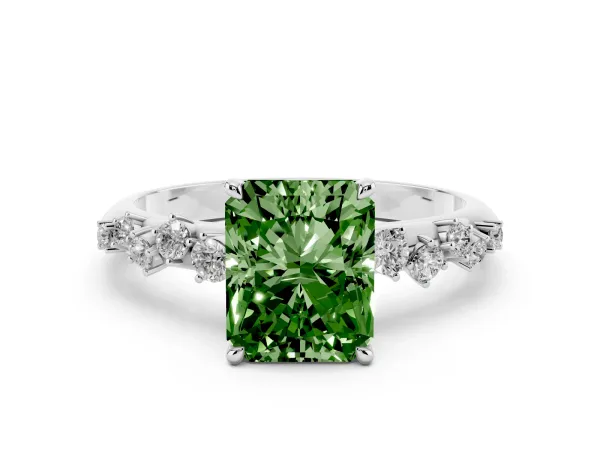 Fancy Green Radiant Cut Diamond Cluster Side Stone Solitaire Ring with Prong Setting Platinum