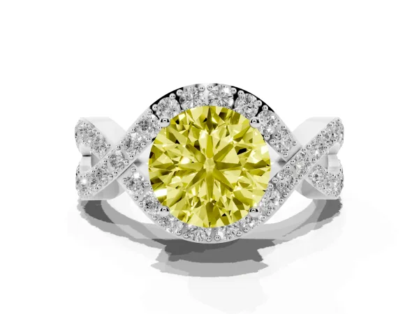 Fancy Yellow Round Cut Solitaire Twist Band Pavé Diamond Engagement Ring Platinum