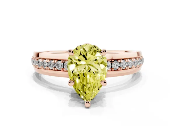 Fancy Yellow Pear Cut Solitaire Diamond Ring with Channel Set Band and Six-Prong Setting Rose gold