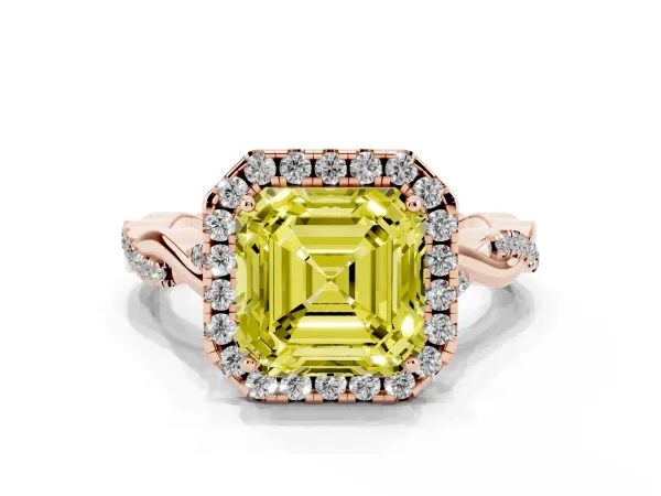 Fancy Yellow Asscher Cut Halo Twist Band Solitaire Ring Rose gold