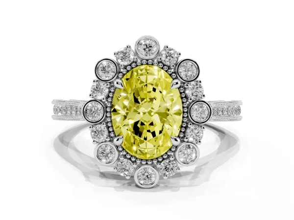 Fancy Yellow Oval Cut Halo Milgrain Pave Diamond Ring with Four-Prong Setting White gold