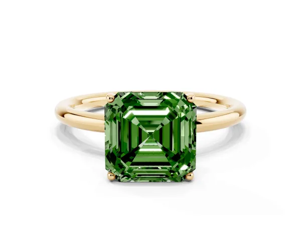 Fancy Green Asscher Cut Solitaire Diamond Ring with a Classic Band and Four-Prong Setting Yellow gold