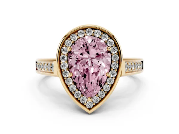 Fancy Pink Pear Cut Halo Solitaire Diamond Ring with Pave Band and Bezel Setting Yellow gold