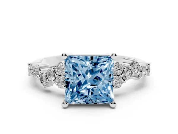 Fancy Blue Princess Cut Diamond Scattered Round Accent Ring with Prong Setting White gold