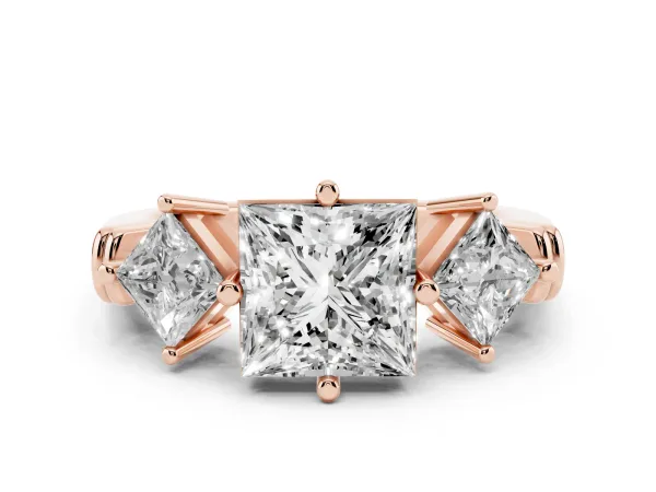 Three-Stone Princess Cut and Princess Cut Diamond Ring with Channel Band and Four-Prong Setting Rose gold
