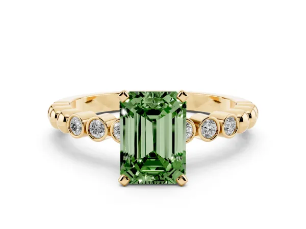 Fancy Green Emerald Cut Solitaire Bezel Accent Diamond Engagement Ring with Beaded Band and Four-Prong Setting Yellow gold