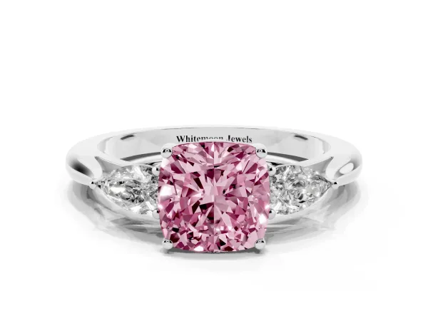 Fancy Pink Three-Stone Cushion Cut Diamond Ring with Pear Side Stones in Four-Prong Setting White gold