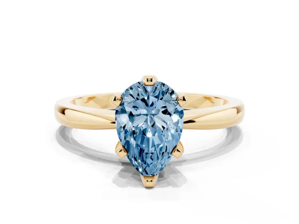 Fancy Blue Pear Cut Solitaire Engagement Ring with Six-Prong Setting and Tapered Band Yellow gold