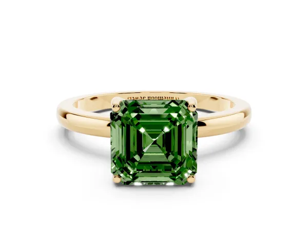 Fancy Green Asscher Cut Solitaire Diamond Ring with Prong Setting and Plain Band Yellow gold