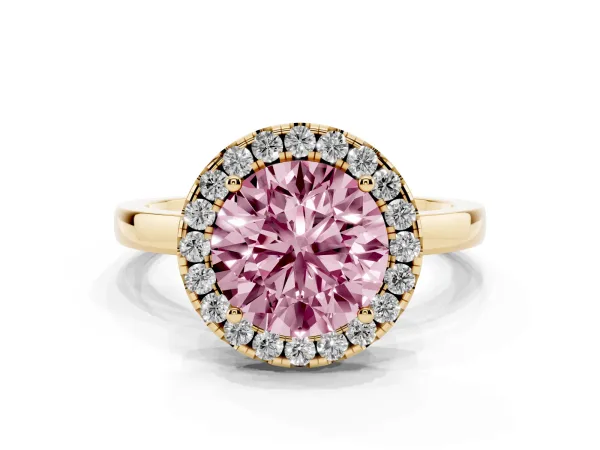 Fancy Pink Round Cut Halo Diamond Solitaire with Pavé Band and Four-Prong Setting Yellow gold
