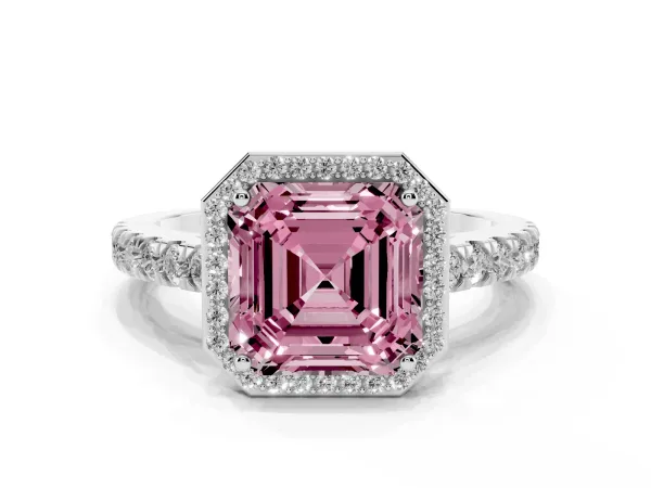Fancy Pink Asscher Cut Cut Halo Diamond Engagement Ring with Pave Band and Four-Prong Setting Platinum