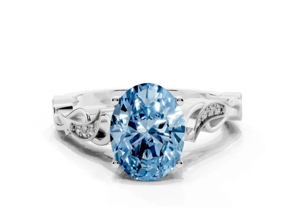 Fancy Blue Oval Cut Solitaire Vine Band with Milgrain Prong Setting White gold