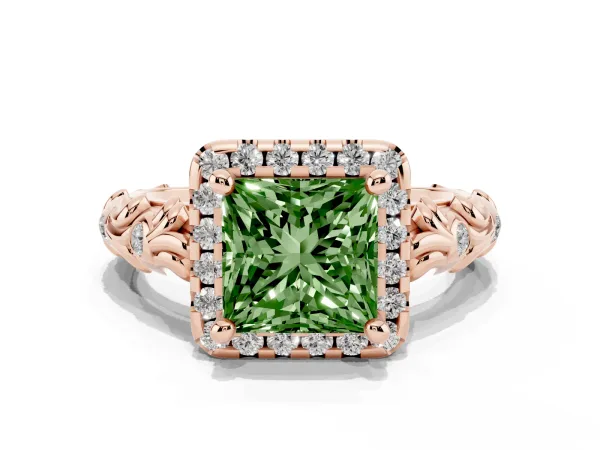 Fancy Green Princess Cut Diamond Halo Ring with Filigree Band and Prong Setting Rose gold