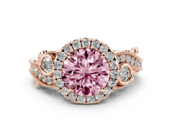 Fancy Pink Round Cut Halo Diamond Ring with Milgrain and Bezel Accents on a Split Shank Band Rose gold