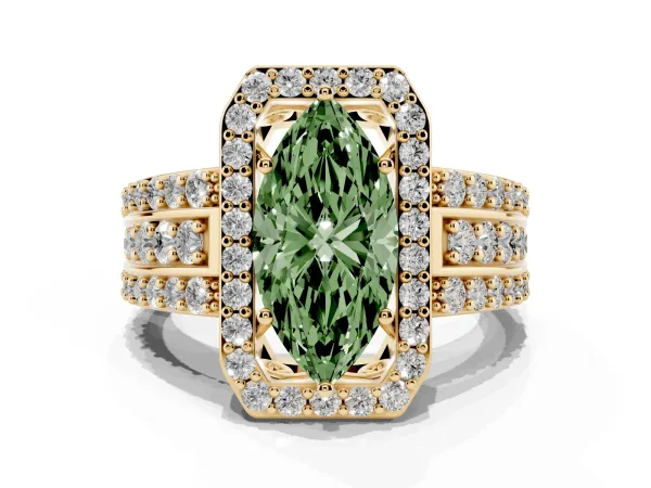 Fancy Green Marquise Cut Halo Diamond Ring with Round Split Shank and Prong Setting Yellow gold