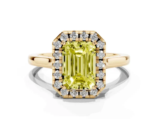 Fancy Yellow Emerald Cut Halo Round Diamond Solitaire Ring with Pavé Band and Four-Prong Setting Yellow gold