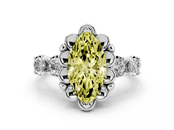 Fancy Yellow Marquise Cut Cut Diamond Floral Halo Engagement Ring with Shared Prong Setting Platinum