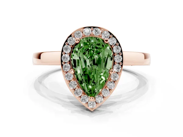 Fancy Green Pear Cut Halo Diamond Ring with Solitaire Band and Prong Setting Rose gold