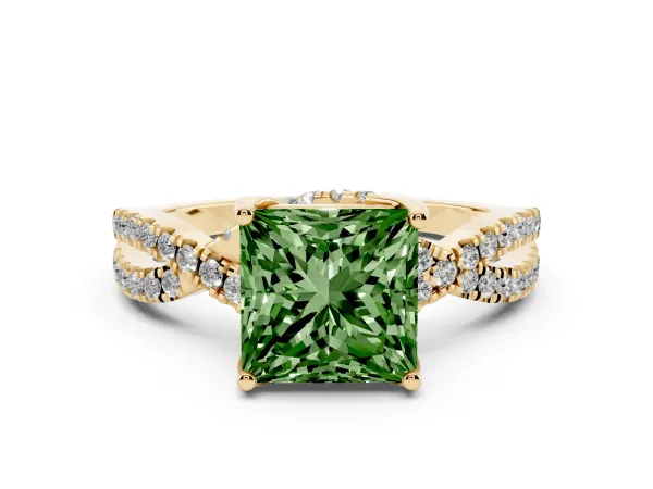 Fancy Green Princess Cut Solitaire Twist Pave Diamond Engagement Ring with Prong Setting Yellow gold