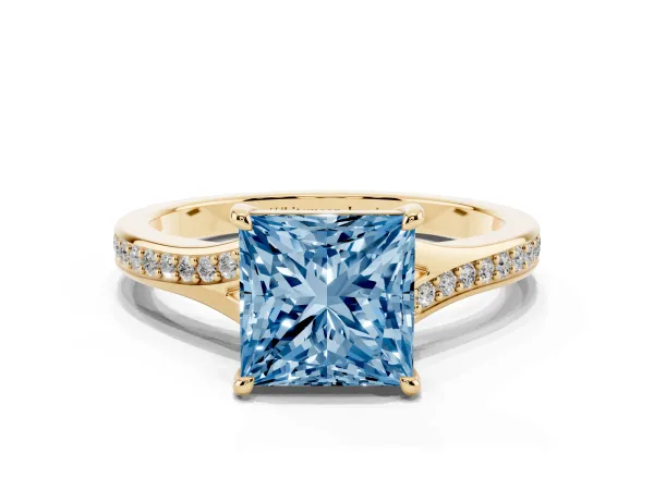 Fancy Blue Princess Cut Diamond Solitaire Ring with Pavé Band and Prong Setting Yellow gold