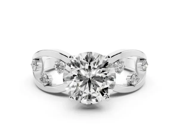 Round Cut Cut Solitaire Diamond with Side Stones on Criss-Cross Band and Four-Prong Setting White gold